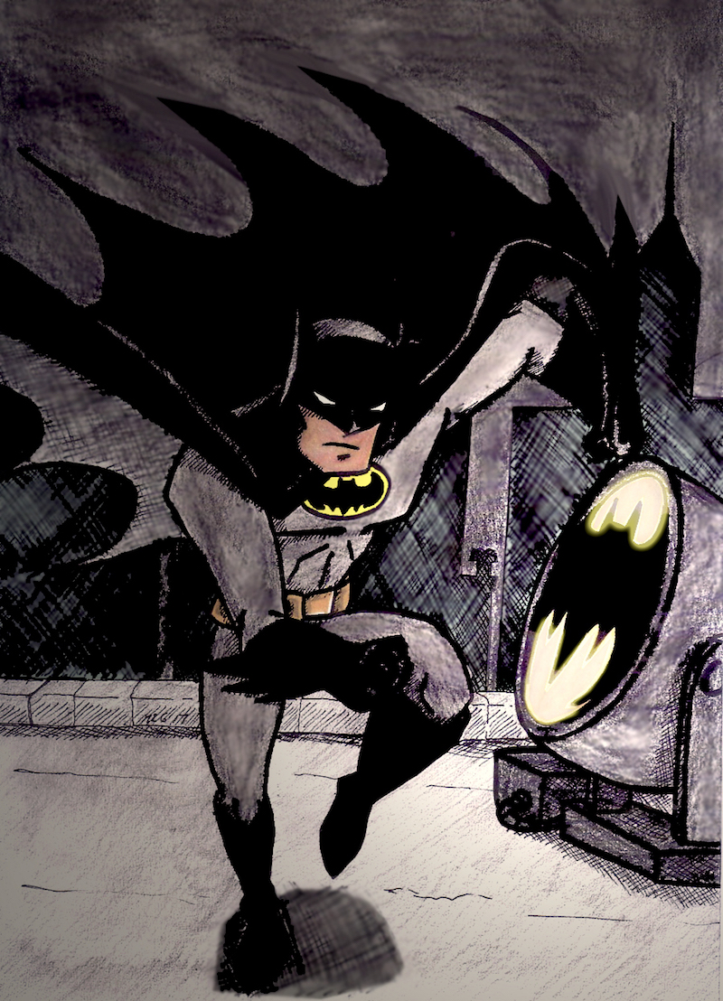 batman running to the bat signal in gotham